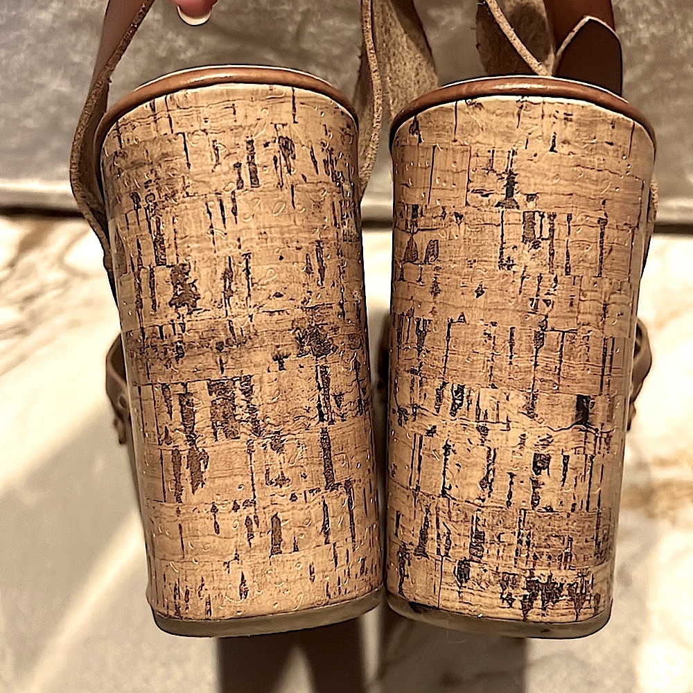 LK NW MOSSIMO 👡 FAUX BROWN LEATHER 4” CORK HEEL PLATFORM WEDGE SANDALS Womens 10 - Picture 10 of 16